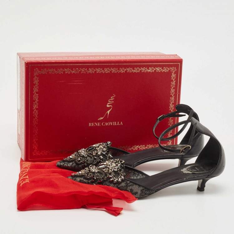 Pre Owned René Caovilla Black Leather and Mesh Crystal Embellished Ankle Strap Pumps Size 37
