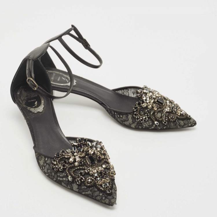 Pre Owned René Caovilla Black Leather and Mesh Crystal Embellished Ankle Strap Pumps Size 37