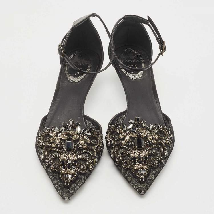Pre Owned René Caovilla Black Leather and Mesh Crystal Embellished Ankle Strap Pumps Size 37