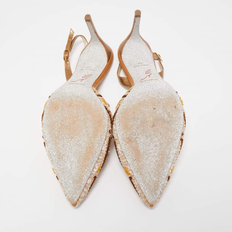 Pre Owned René Caovilla Beige Fabric And Leather Crystal Embellished Pointed Toe Slingback Sandals Size 39