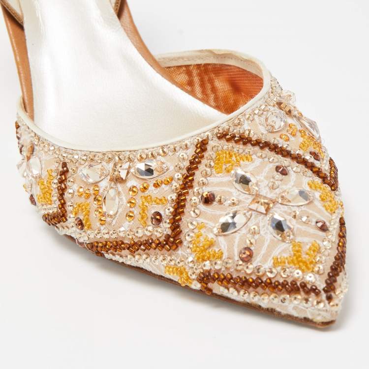 Pre Owned René Caovilla Beige Fabric And Leather Crystal Embellished Pointed Toe Slingback Sandals Size 39