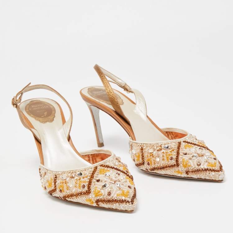 Pre Owned René Caovilla Beige Fabric And Leather Crystal Embellished Pointed Toe Slingback Sandals Size 39