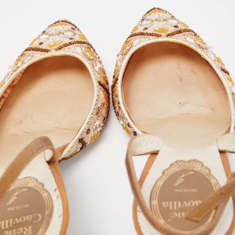 Pre Owned René Caovilla Beige Fabric And Leather Crystal Embellished Pointed Toe Slingback Sandals Size 39