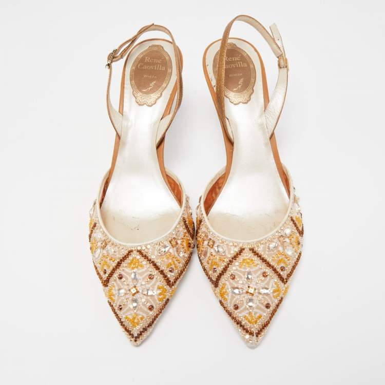 Pre Owned René Caovilla Beige Fabric And Leather Crystal Embellished Pointed Toe Slingback Sandals Size 39