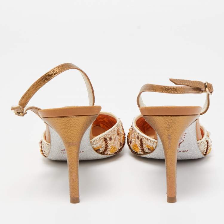 Pre Owned René Caovilla Beige Fabric And Leather Crystal Embellished Pointed Toe Slingback Sandals Size 39