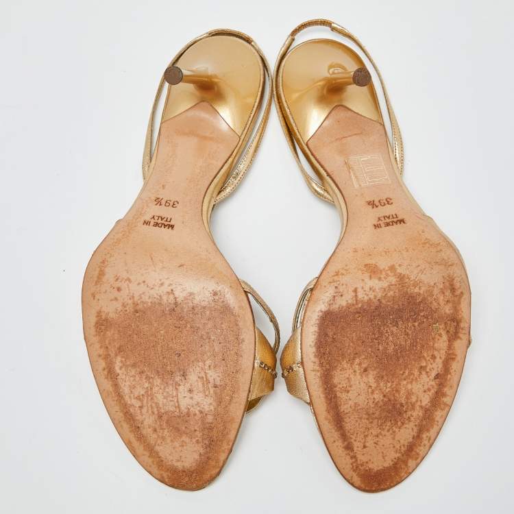 Pre Owned René Caovilla Metallic Gold Leather Crystal Embellished Slingback Sandals Size 39.5