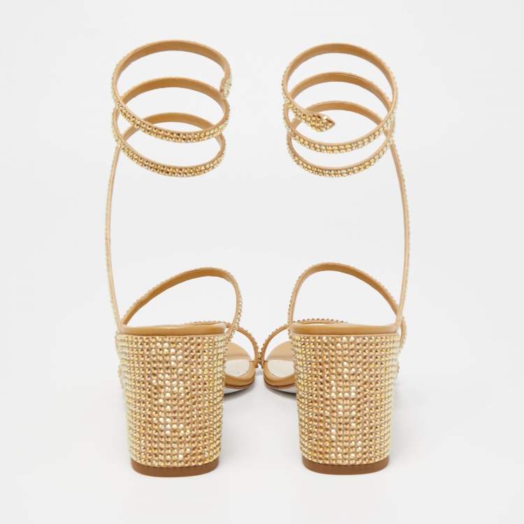 Pre Owned Rene Caovilla Metallic Gold Leather and Crystal Embellished Ankle Wrap Sandals Size 38
