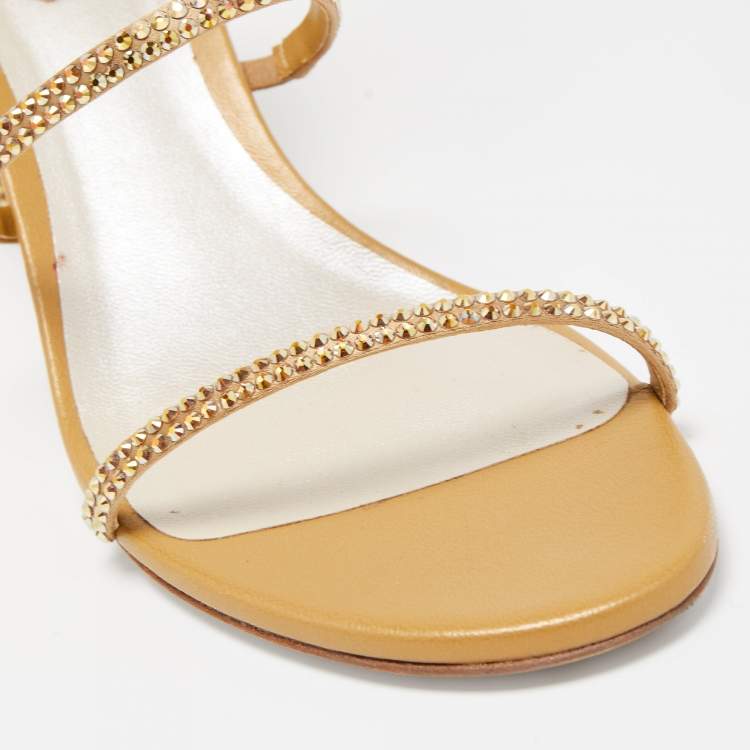 Pre Owned Rene Caovilla Metallic Gold Leather and Crystal Embellished Ankle Wrap Sandals Size 38