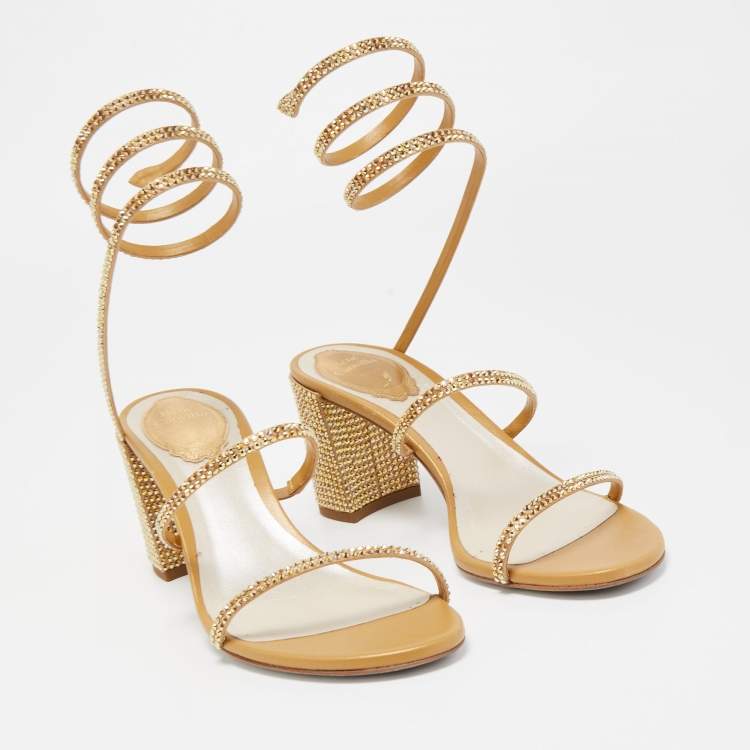 Pre Owned Rene Caovilla Metallic Gold Leather and Crystal Embellished Ankle Wrap Sandals Size 38