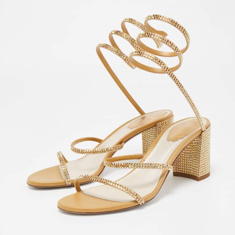 Pre Owned Rene Caovilla Metallic Gold Leather and Crystal Embellished Ankle Wrap Sandals Size 38