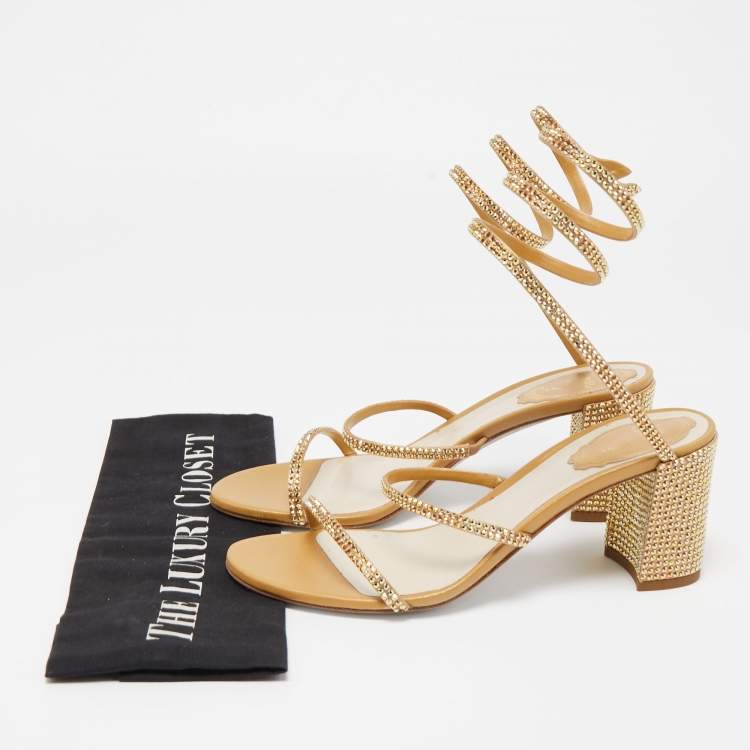 Pre Owned Rene Caovilla Metallic Gold Leather and Crystal Embellished Ankle Wrap Sandals Size 38