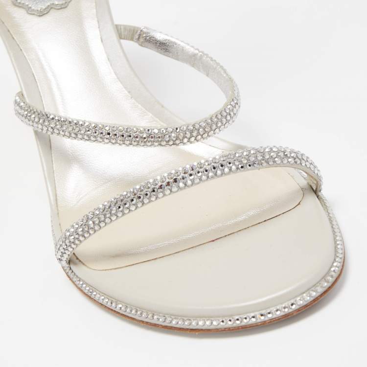 Pre Owned Rene Caovilla Silver Crystal Embellished Satin Cleo Sandals Size 37