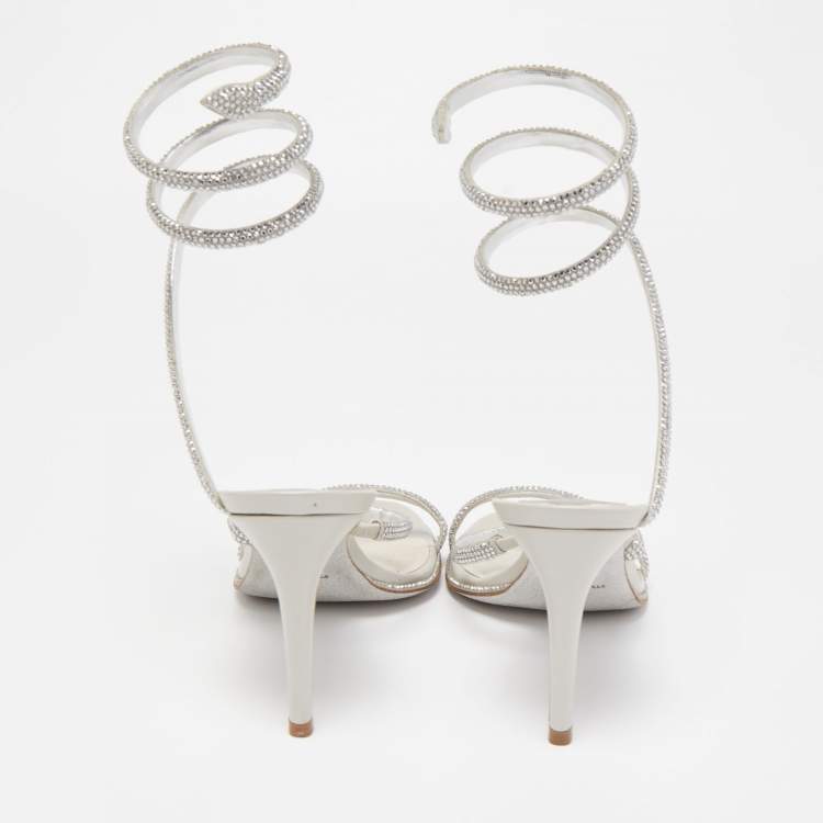 Pre Owned Rene Caovilla Silver Crystal Embellished Satin Cleo Sandals Size 37
