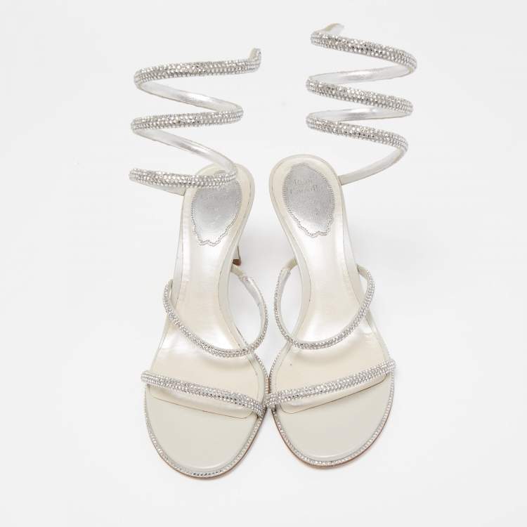 Pre Owned Rene Caovilla Silver Crystal Embellished Satin Cleo Sandals Size 37