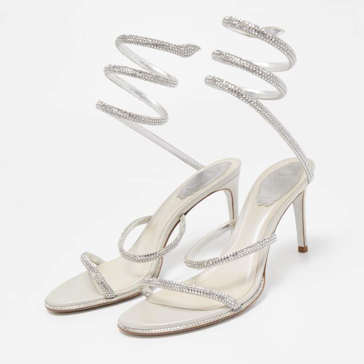 Pre Owned Rene Caovilla Silver Crystal Embellished Satin Cleo Sandals Size 37