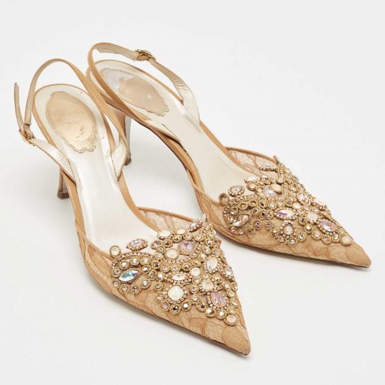 Pre Owned Rene Caovilla Brown Leather and Lace Crystal Embellished Slingback Pumps Size 38.5