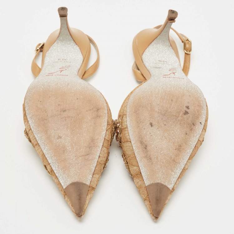 Pre Owned Rene Caovilla Brown Leather and Lace Crystal Embellished Slingback Pumps Size 38.5