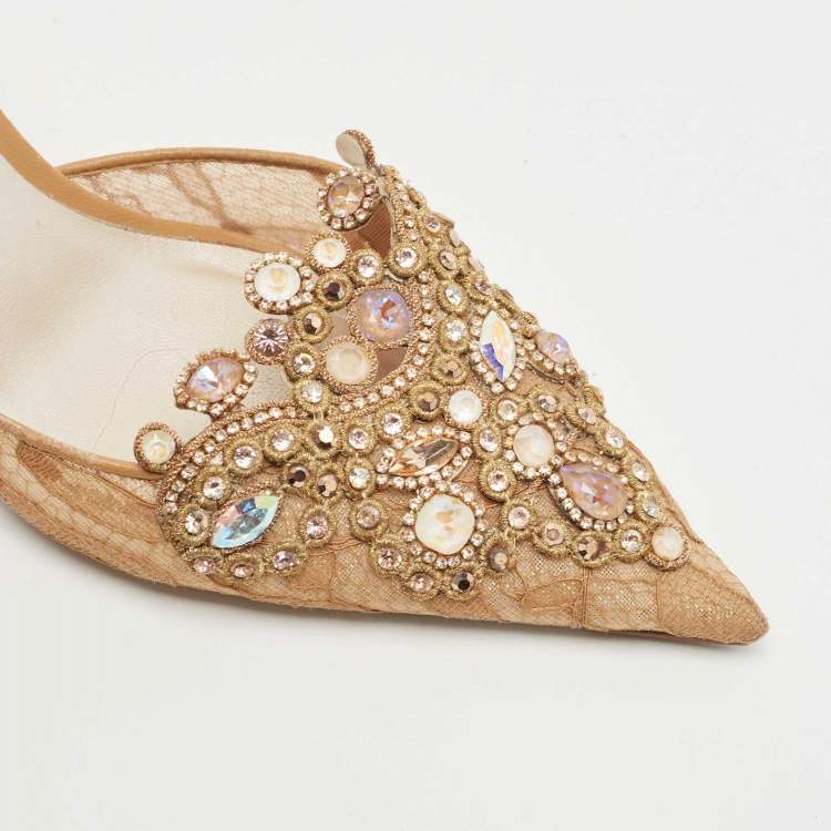 Pre Owned Rene Caovilla Brown Leather and Lace Crystal Embellished Slingback Pumps Size 38.5