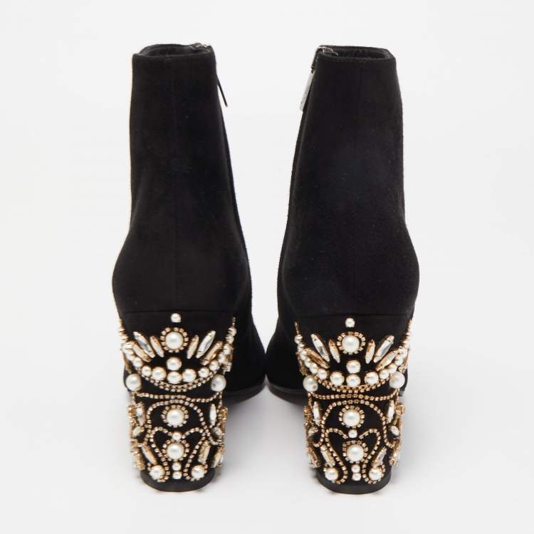Pre Owned René Caovilla Black Suede Crystal Embellished Block Heel Ankle Booties Size 36.5