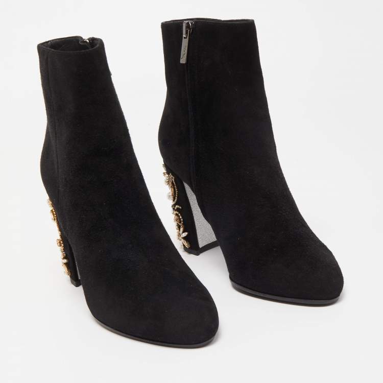 Pre Owned René Caovilla Black Suede Crystal Embellished Block Heel Ankle Booties Size 36.5