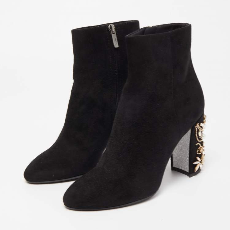 Pre Owned René Caovilla Black Suede Crystal Embellished Block Heel Ankle Booties Size 36.5