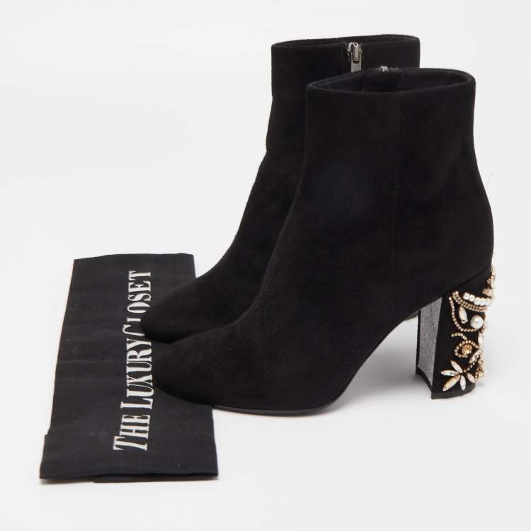 Pre Owned René Caovilla Black Suede Crystal Embellished Block Heel Ankle Booties Size 36.5
