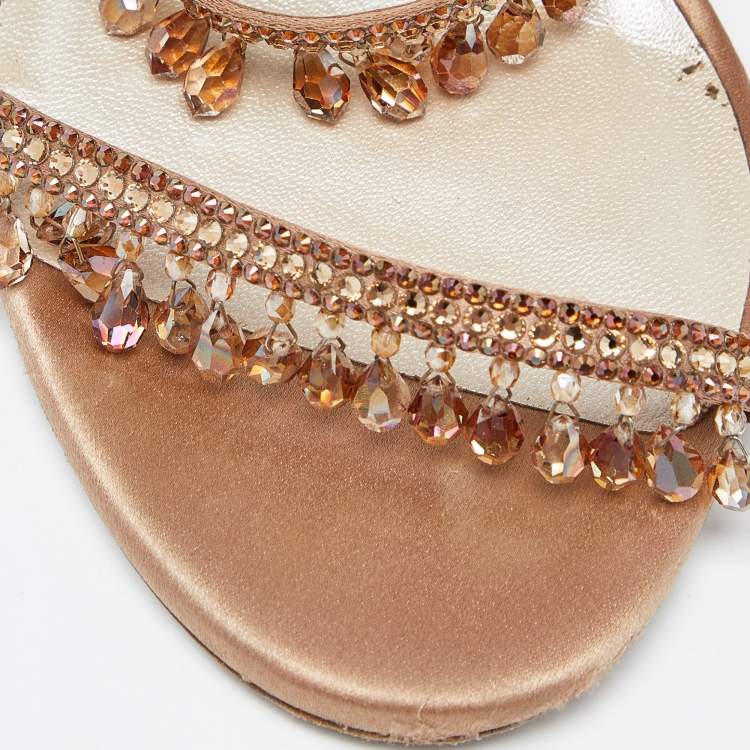 Pre Owned Rene Caovilla Beige Satin Crystal Embellished Chandelier Ankle Wrap Sandals Size 37