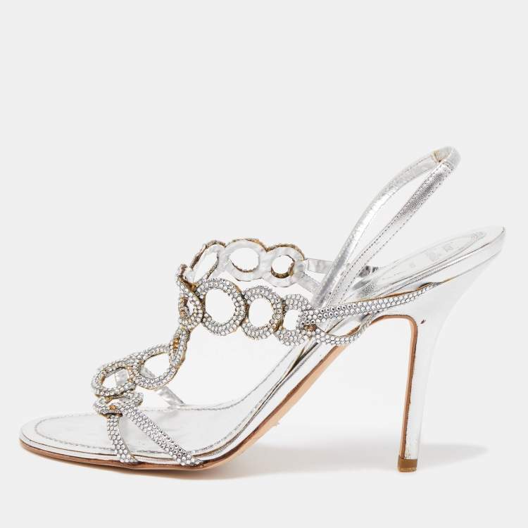 Pre Owned René Caovilla Silver Crystal Embellished Leather Slingback Sandals Size 39