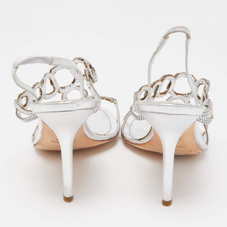 Pre Owned René Caovilla Silver Crystal Embellished Leather Slingback Sandals Size 39