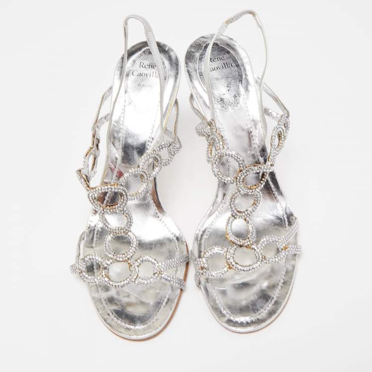 Pre Owned René Caovilla Silver Crystal Embellished Leather Slingback Sandals Size 39