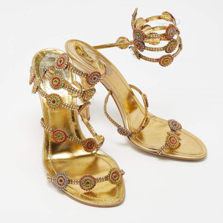 Pre Owned René Caovilla Gold Crystal Embellished Leather Strappy Ankle Wrap Sandals Size 38.5