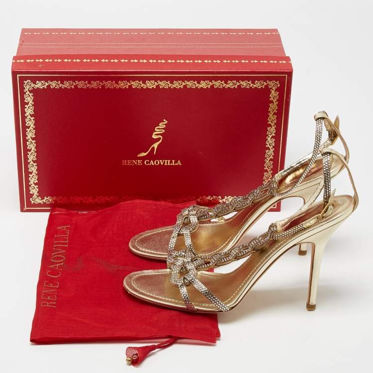 Pre Owned René Caovilla Metallic Gold Crystal Embellished Leather Ankle Strap Sandals Size 38.5