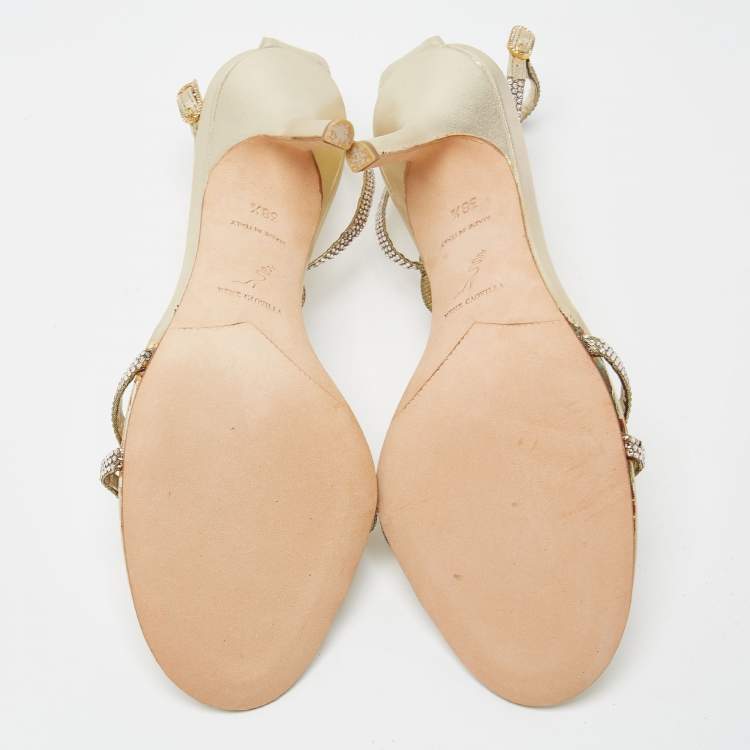 Pre Owned René Caovilla Metallic Gold Crystal Embellished Leather Ankle Strap Sandals Size 38.5