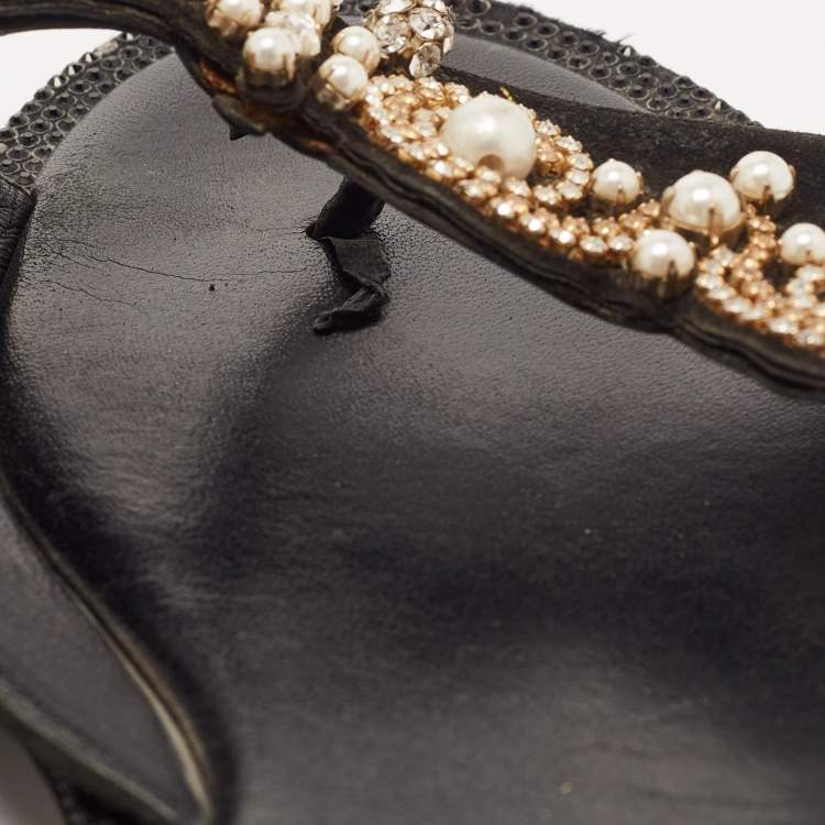 Pre Owned Rene Caovilla Black Suede Crystal Embellished Flat Slides Size 40