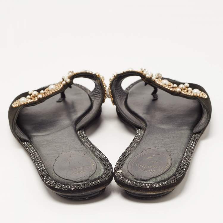 Pre Owned Rene Caovilla Black Suede Crystal Embellished Flat Slides Size 40