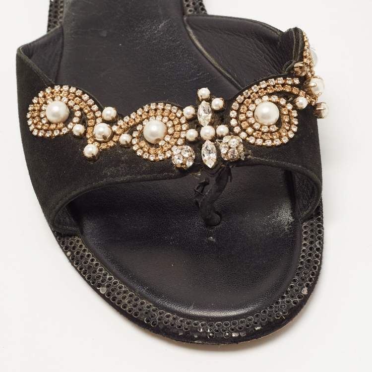Pre Owned Rene Caovilla Black Suede Crystal Embellished Flat Slides Size 40