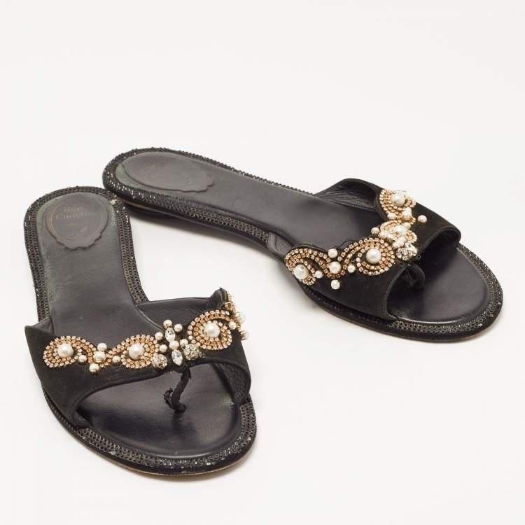 Pre Owned Rene Caovilla Black Suede Crystal Embellished Flat Slides Size 40