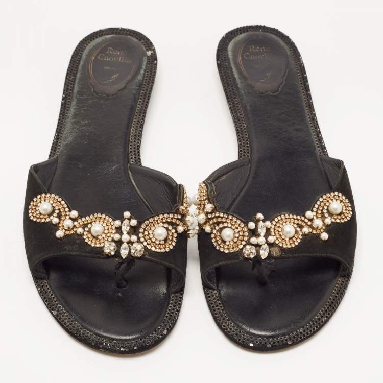 Pre Owned Rene Caovilla Black Suede Crystal Embellished Flat Slides Size 40