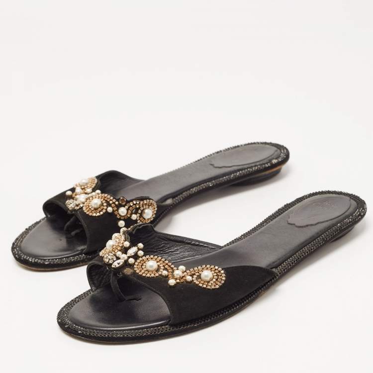 Pre Owned Rene Caovilla Black Suede Crystal Embellished Flat Slides Size 40