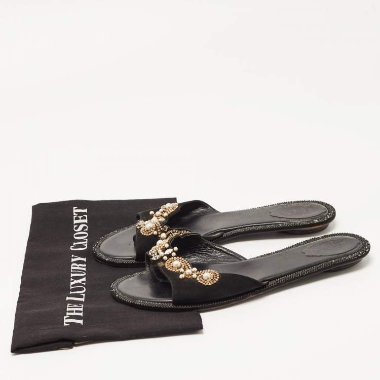 Pre Owned Rene Caovilla Black Suede Crystal Embellished Flat Slides Size 40
