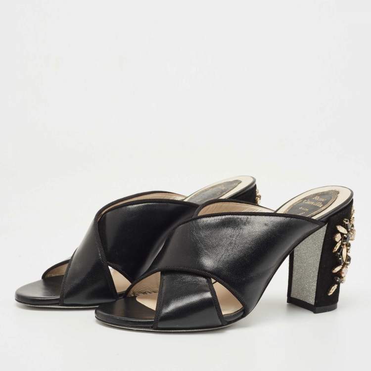 Pre Owned Rene Caovilla Black Leather and Suede Crystal Embellished Block Heel Sandals Size 37