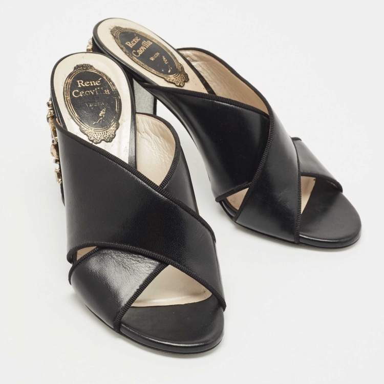 Pre Owned Rene Caovilla Black Leather and Suede Crystal Embellished Block Heel Sandals Size 37