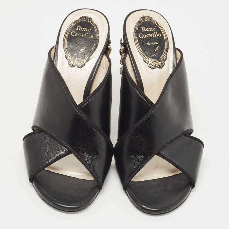 Pre Owned Rene Caovilla Black Leather and Suede Crystal Embellished Block Heel Sandals Size 37