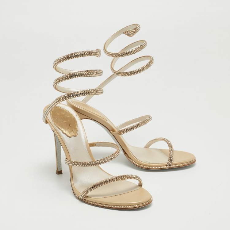 Pre Owned Rene Caovilla Gold Crystal Embellished Satin Cleo Ankle Wrap Sandals Size 36