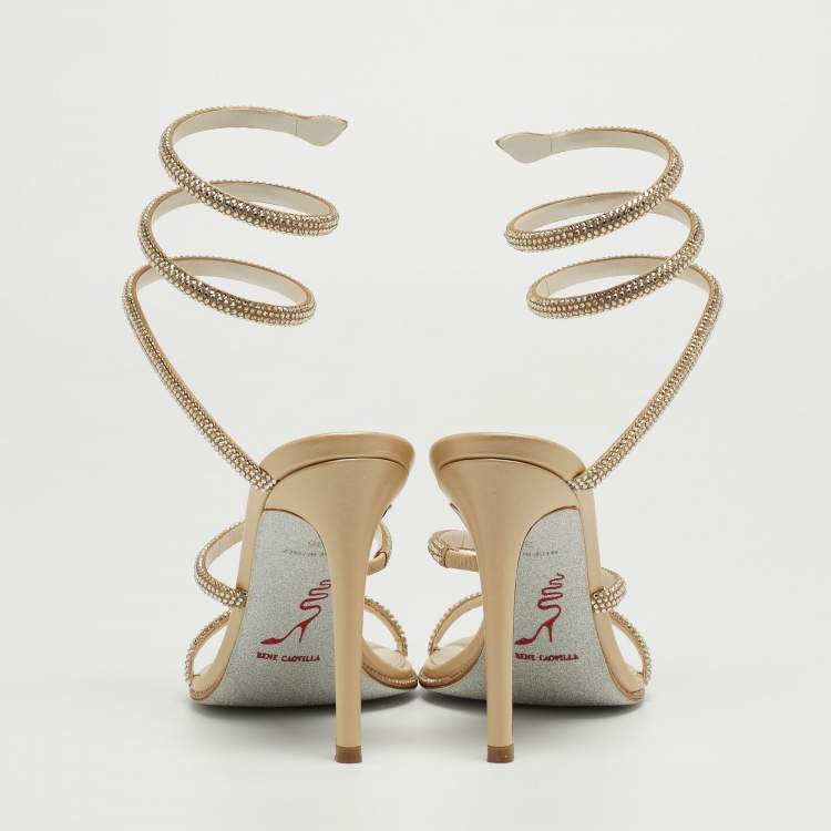 Pre Owned Rene Caovilla Gold Crystal Embellished Satin Cleo Ankle Wrap Sandals Size 36