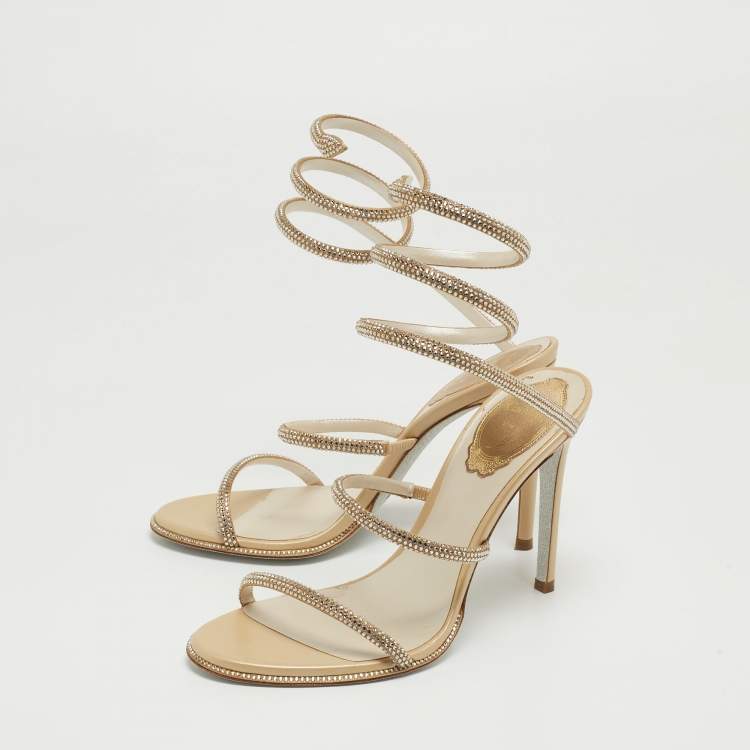 Pre Owned Rene Caovilla Gold Crystal Embellished Satin Cleo Ankle Wrap Sandals Size 36