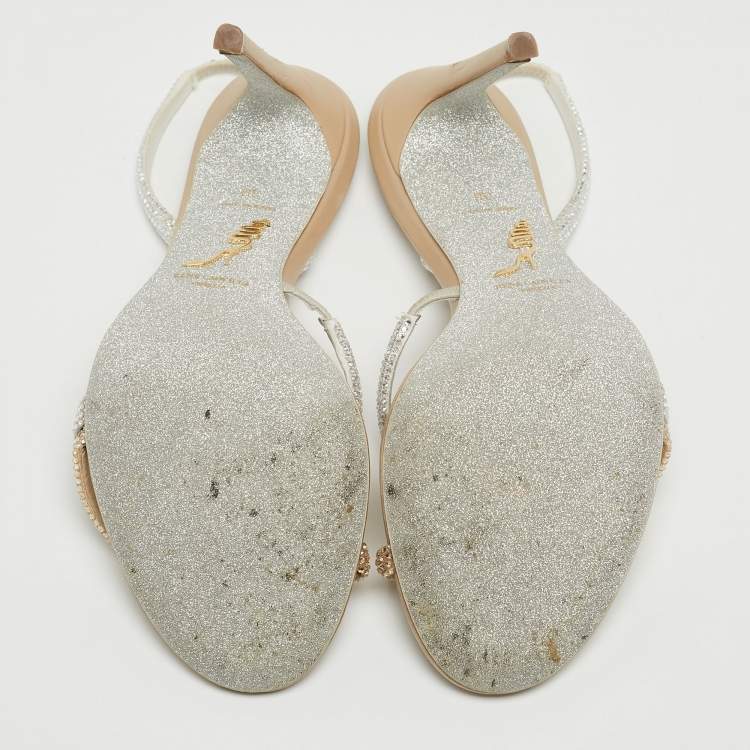 Pre Owned Rene Caovilla Beige/Silver Leather Irina Crystals Sandals Size 38