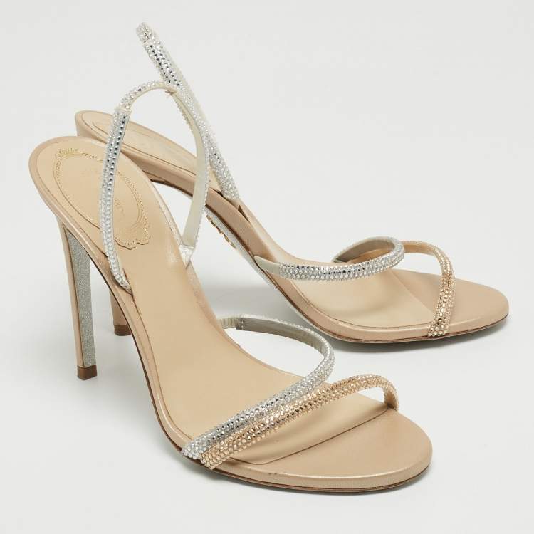 Pre Owned Rene Caovilla Beige/Silver Leather Irina Crystals Sandals Size 38