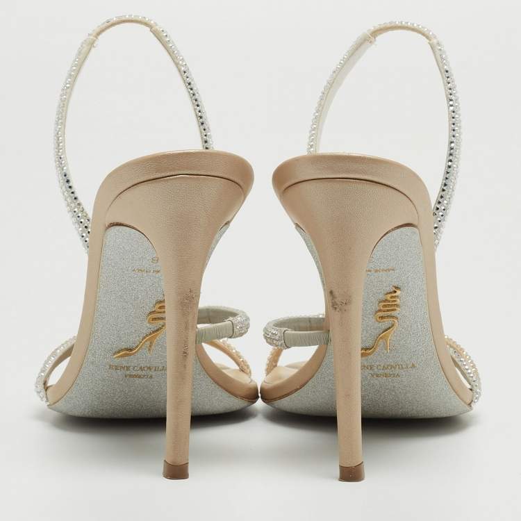 Pre Owned Rene Caovilla Beige/Silver Leather Irina Crystals Sandals Size 38