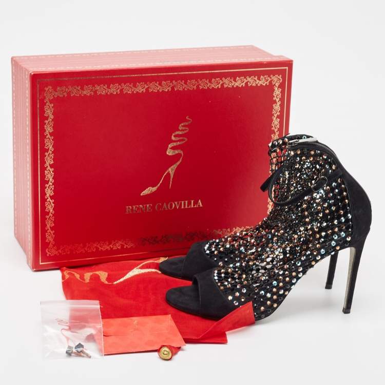 مملوكة مسبقًا Rene Caovilla Black Suede And Mesh Crystal Embellished Galaxia Open Toe Ankle Strap Sandals Size 39